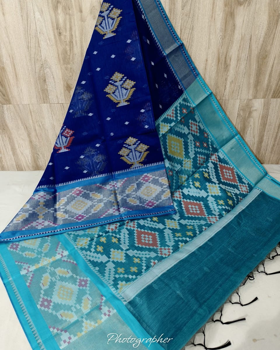Royal Blue and Turquoise Handloom Cotton Silk Saree