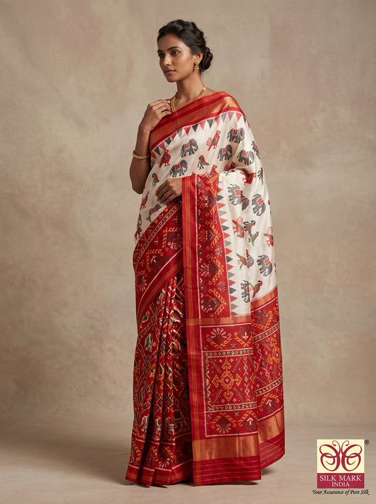 Designer Twill Ikkat Weave Patola Silk Saree