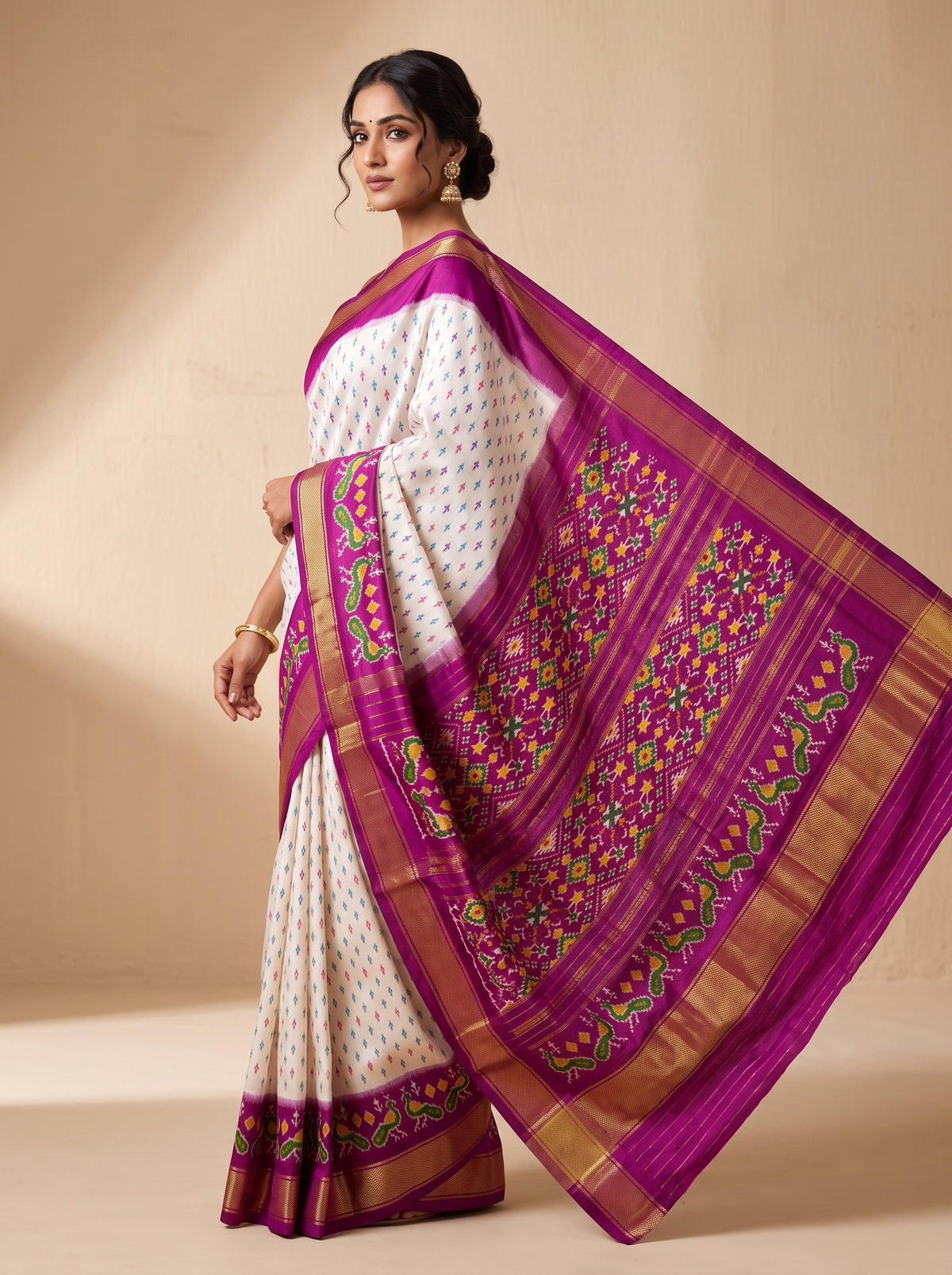Cream and Purple Patola Silk Saree