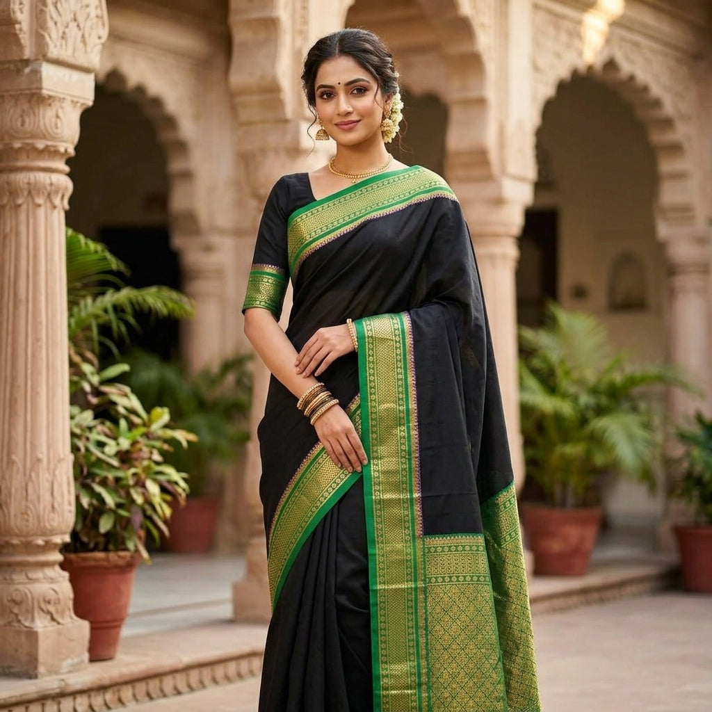 Festive Mysore-Based Black Silk Blend Saree with Contrast Green Zari Border