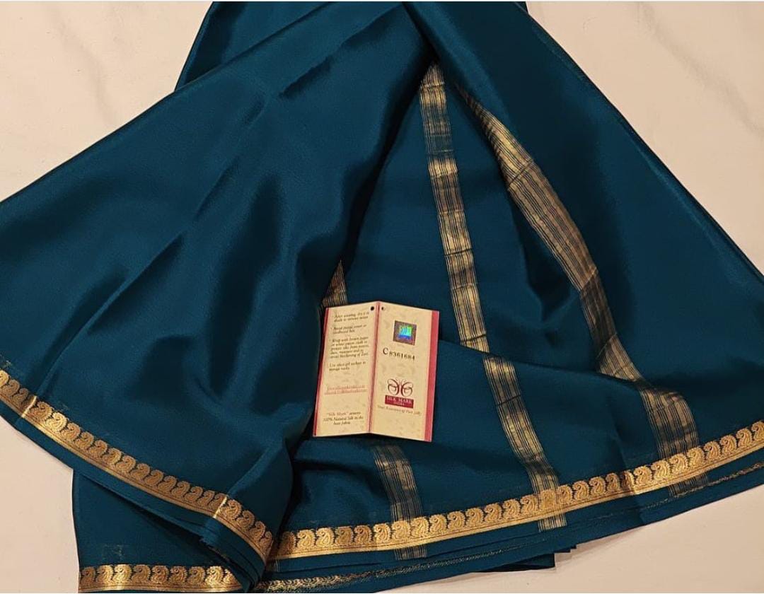 Deep Teal Blue Soft Silk Saree with Gold Zari Paisley Border