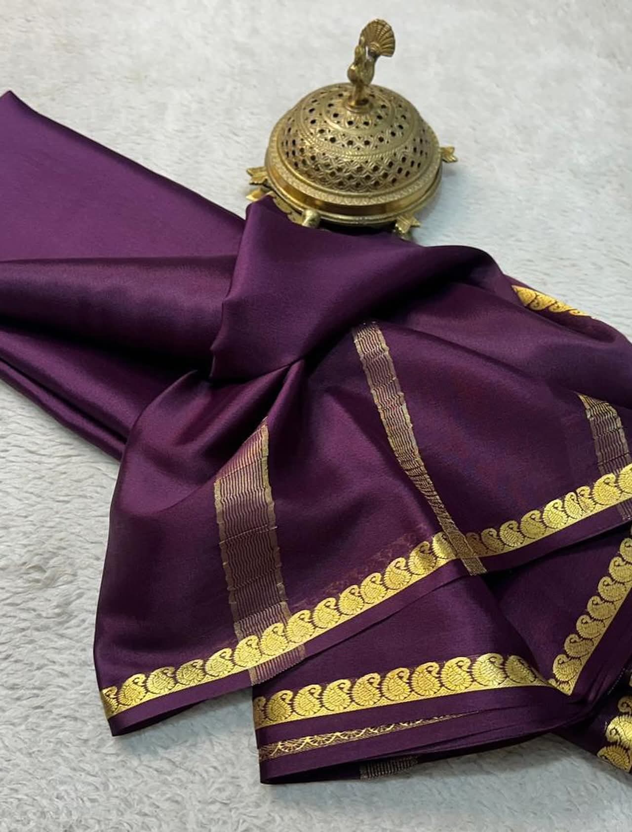 Deep Purple Soft Silk Saree with Gold Zari Paisley Border and Striped Pallu