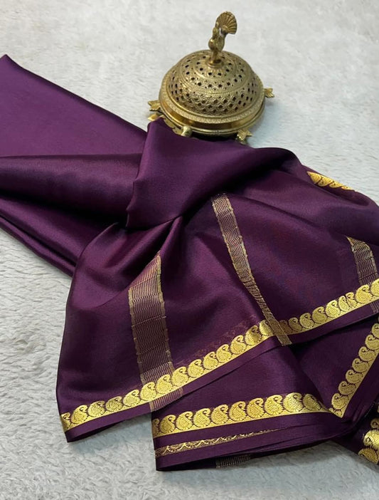 Deep Purple Soft Silk Saree with Gold Zari Paisley Border and Striped Pallu
