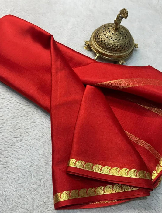 Classic Red Soft Silk Saree with Gold Zari Paisley Border