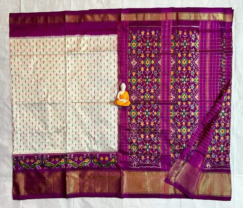Cream and Purple Patola Silk Saree