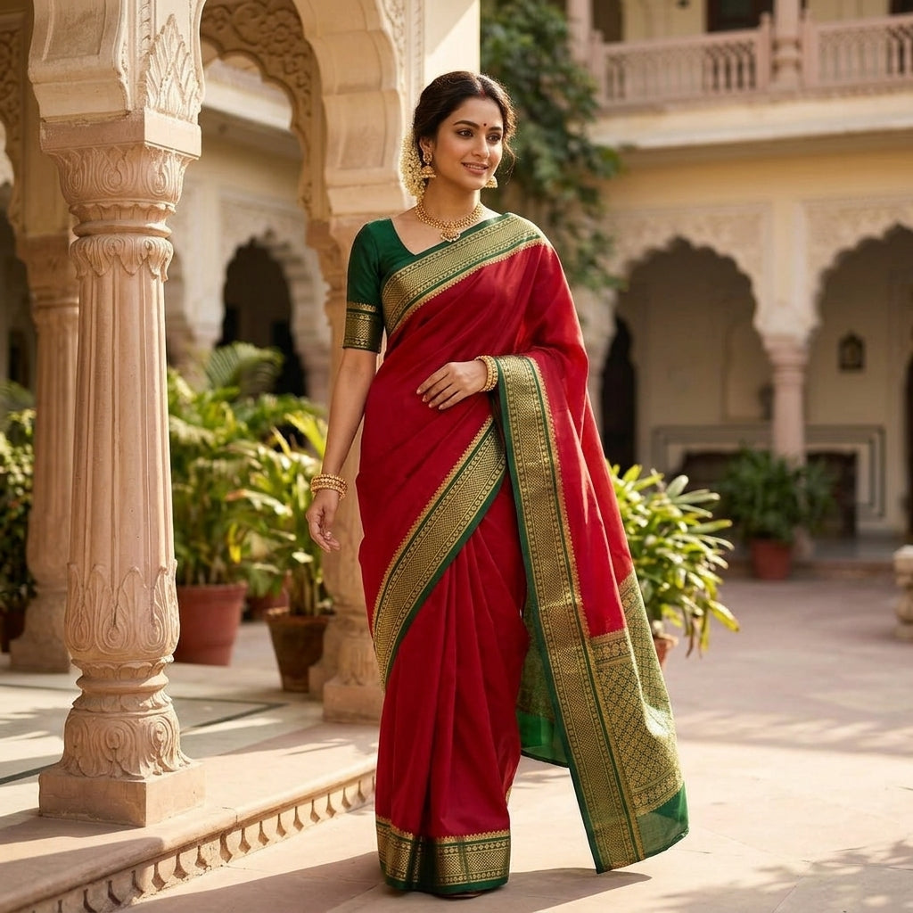 Traditional Mysore Based Red Silk Blend Saree with Contrast Emerald Green Zari Border