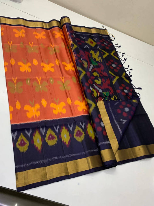 Orange & Navy Blue Pochampally Ikkat Silk Saree with Zari