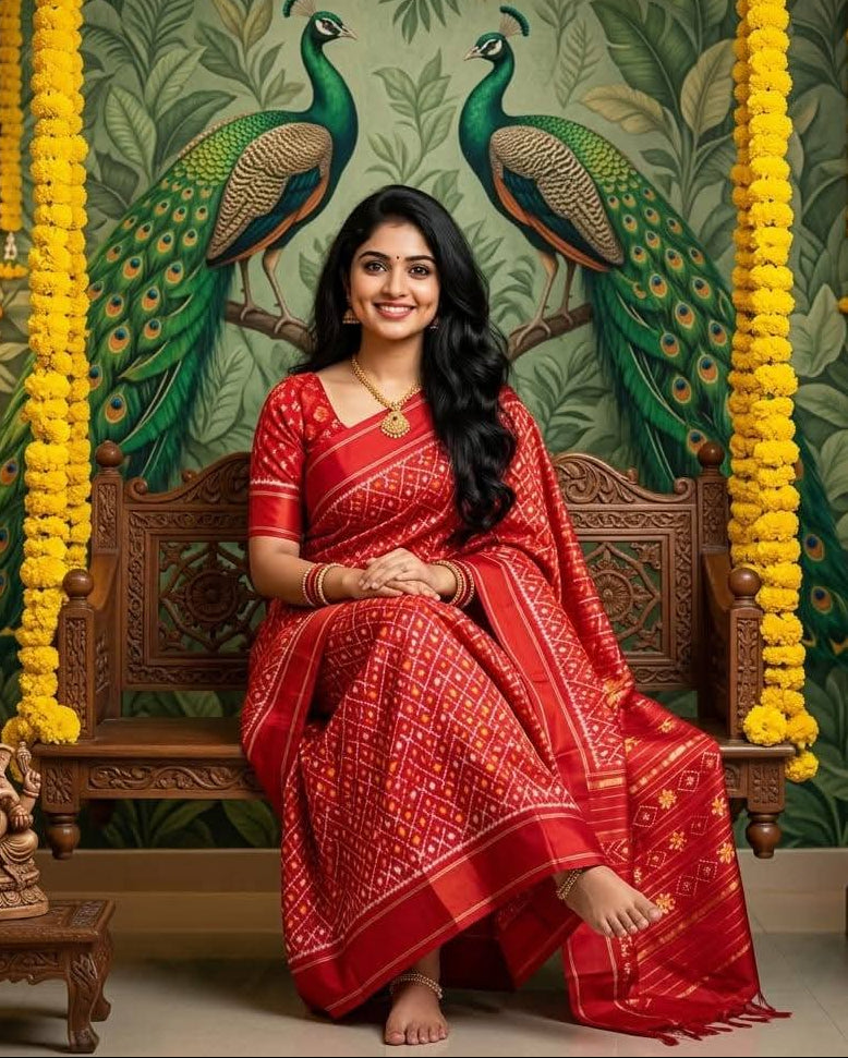 Red Pochampally Ikkat Silk Saree with Gold Zari Diamond Motifs