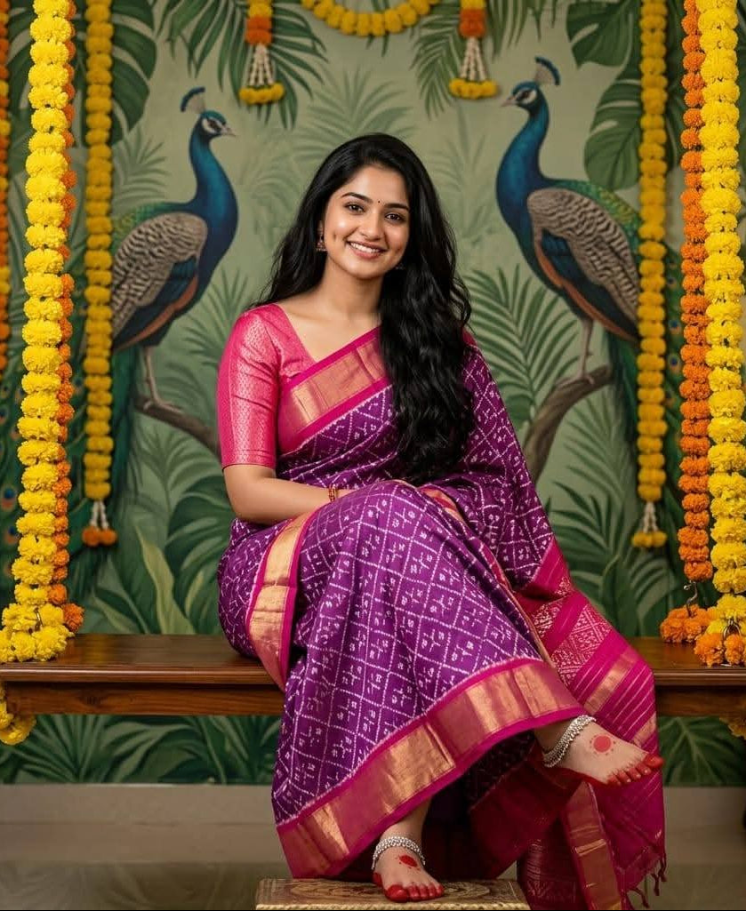 Purple & Pink Pochampally Ikkat Silk Saree with Gold Zari