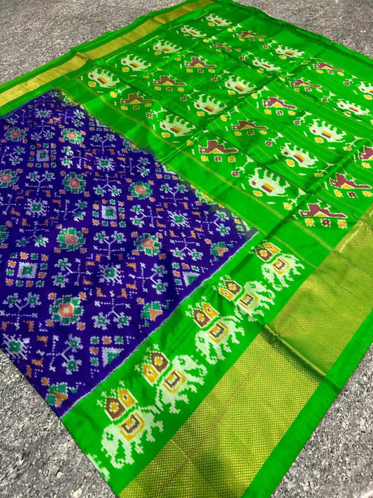 Purple & Parrot Green Pochampally Ikkat Silk Saree with Zari