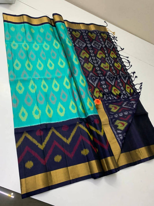 Turquoise & Navy Blue Pochampally Ikkat Silk Saree with Zari