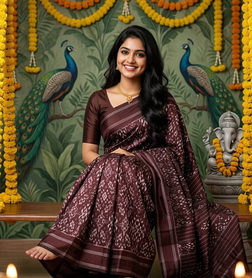 Deep Chocolate Brown Pochampally Ikkat Silk Saree with Silver Zari