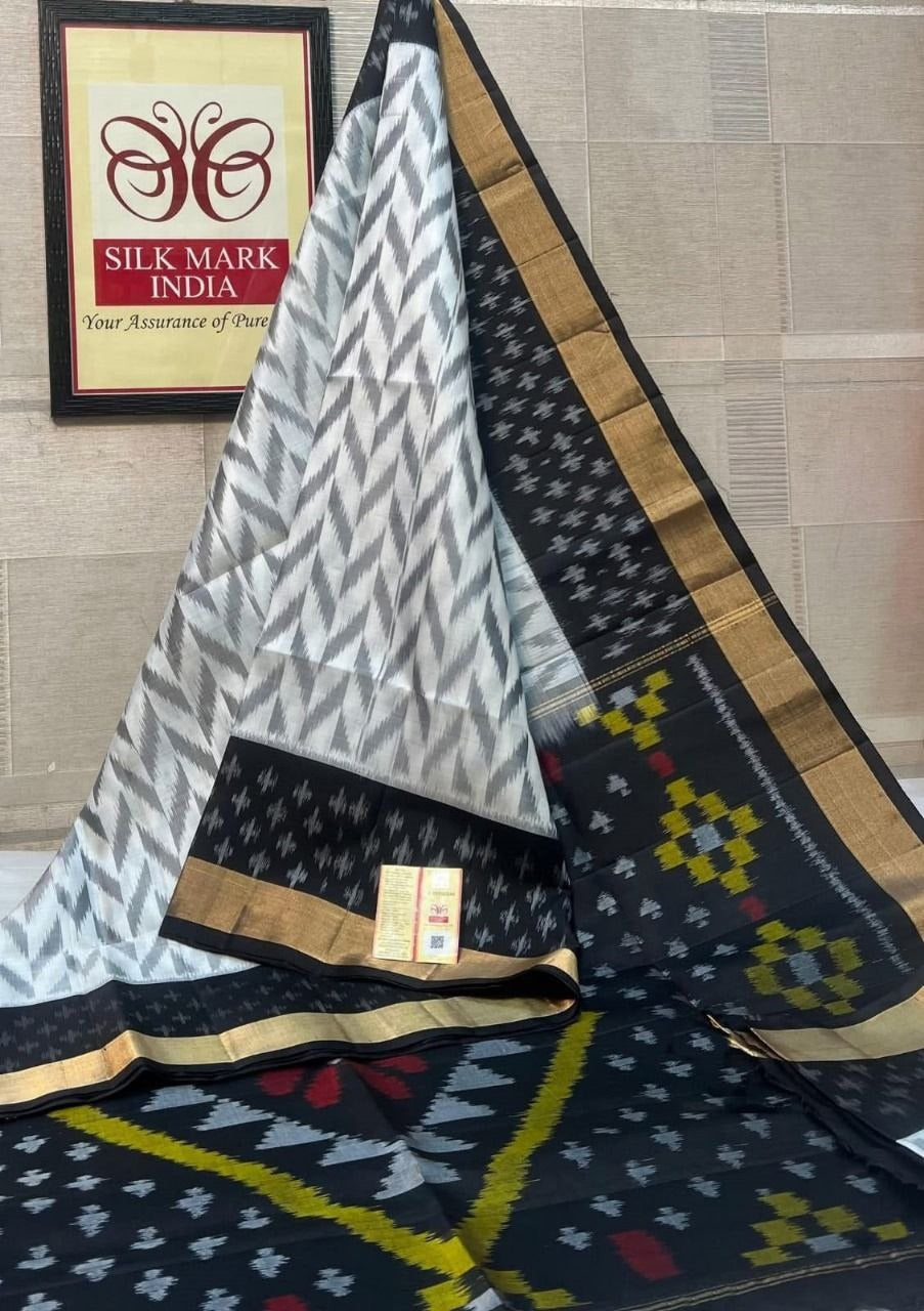 White & Black Pochampally Ikkat Silk Saree with Gold Zari