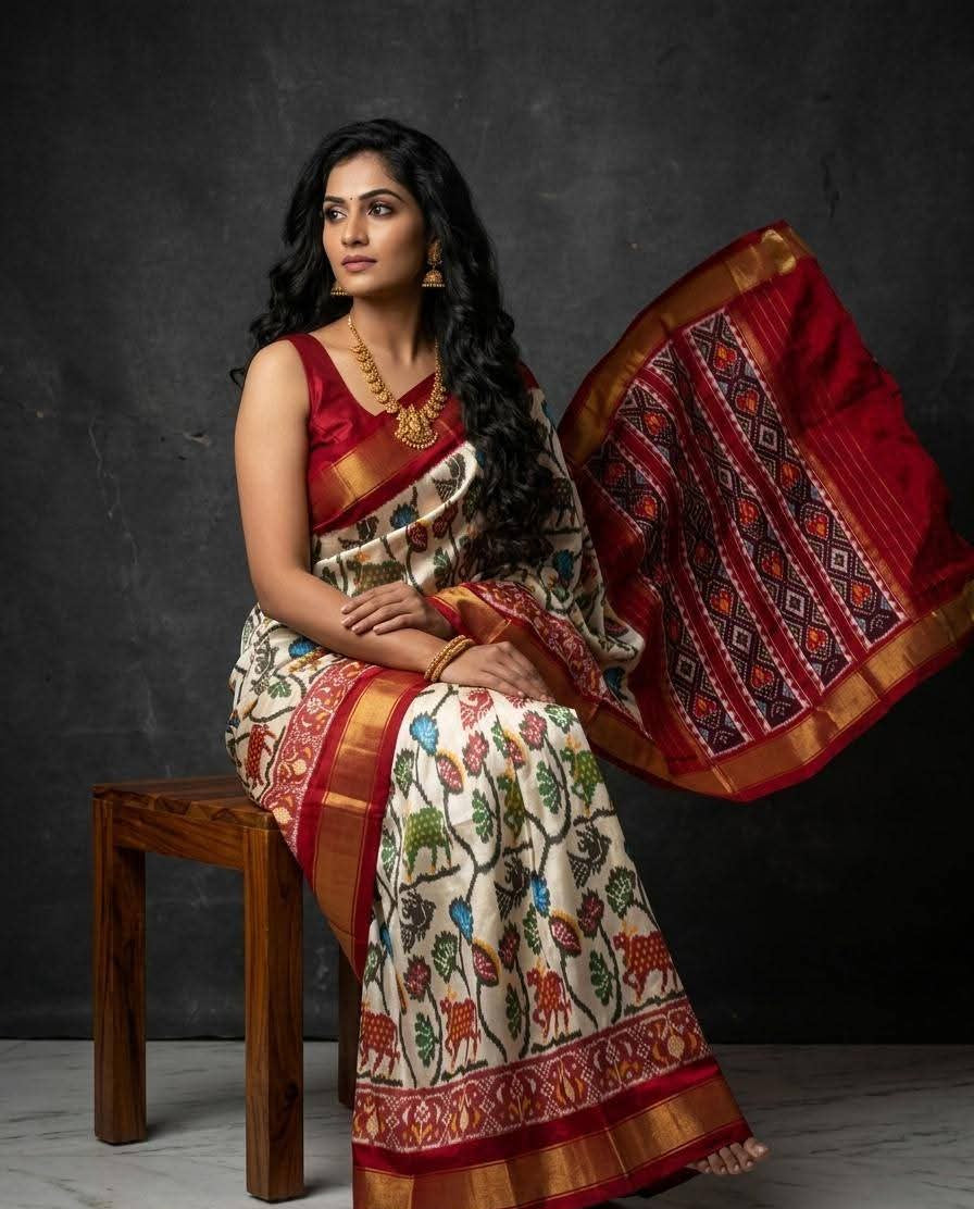 Cream and Red Ikat Silk Wedding Saree