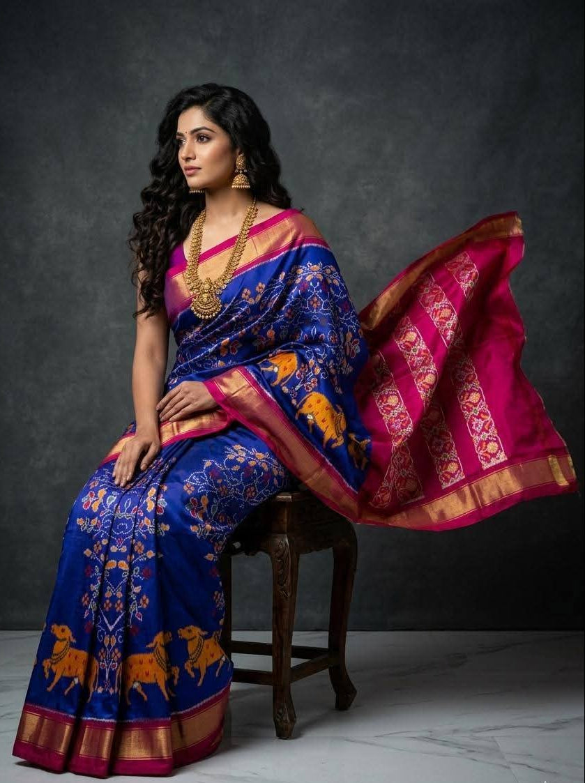 Royal Blue and Magenta Ikat Silk Saree