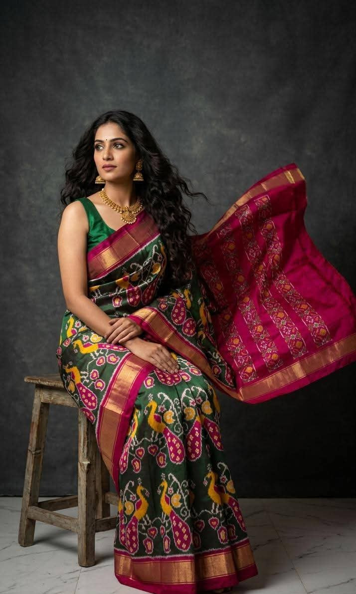 Dark Green and Magenta Ikat Silk Saree