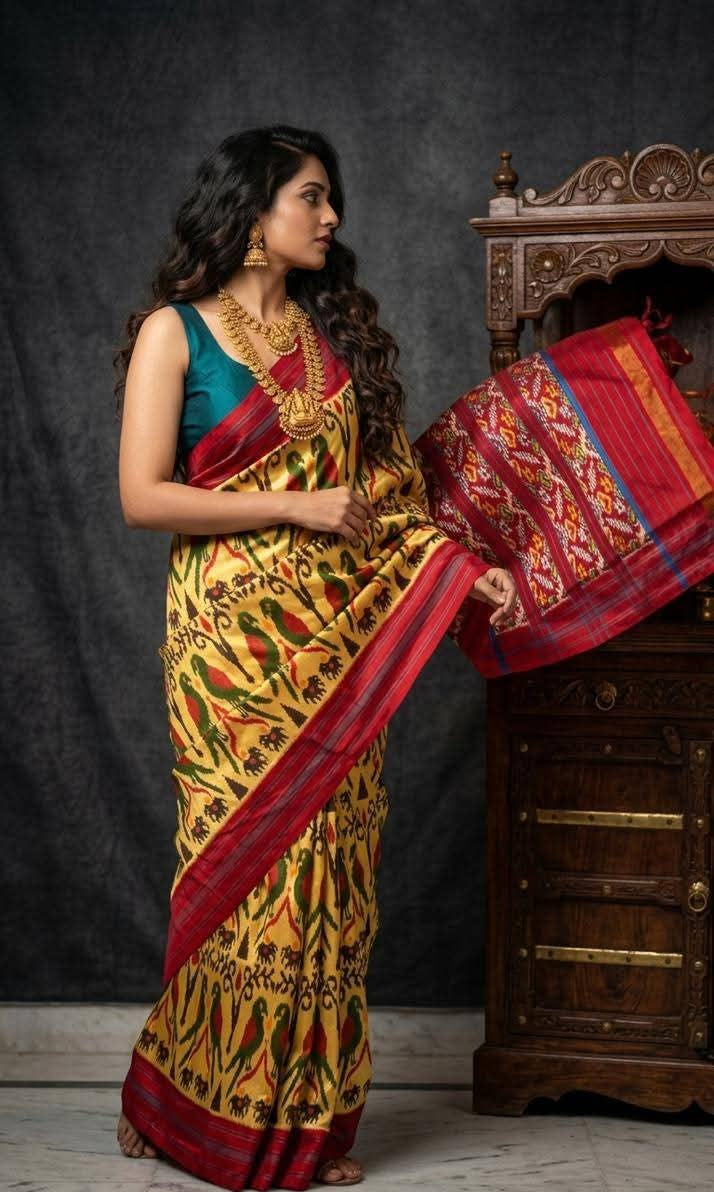 Mustard Yellow and Red Ikat Silk Wedding Saree