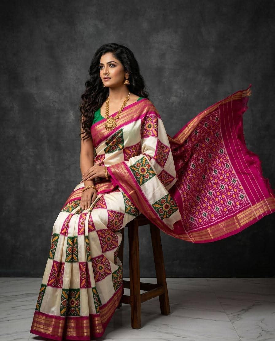 Pink and Green Checkered Patola Silk Saree
