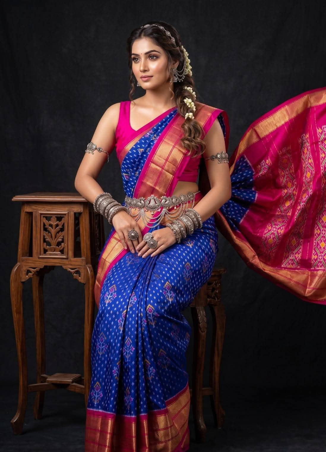 Royal Blue and Magenta Ikat Silk Wedding Saree