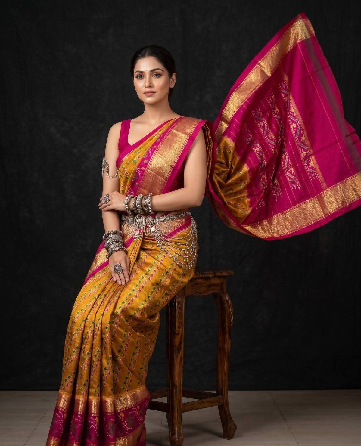 Mustard Yellow and Magenta Ikat Silk Wedding Saree