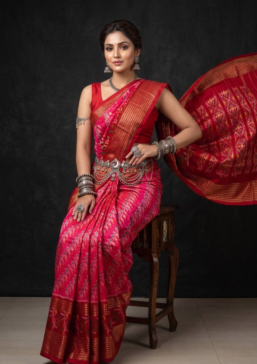 Vibrant Pink and Red Ikat Silk Wedding Saree