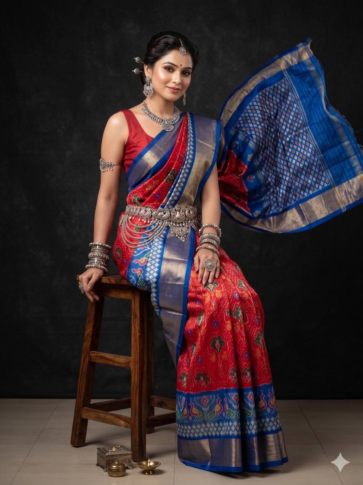 Crimson Red and Blue Ikat Silk Wedding Saree