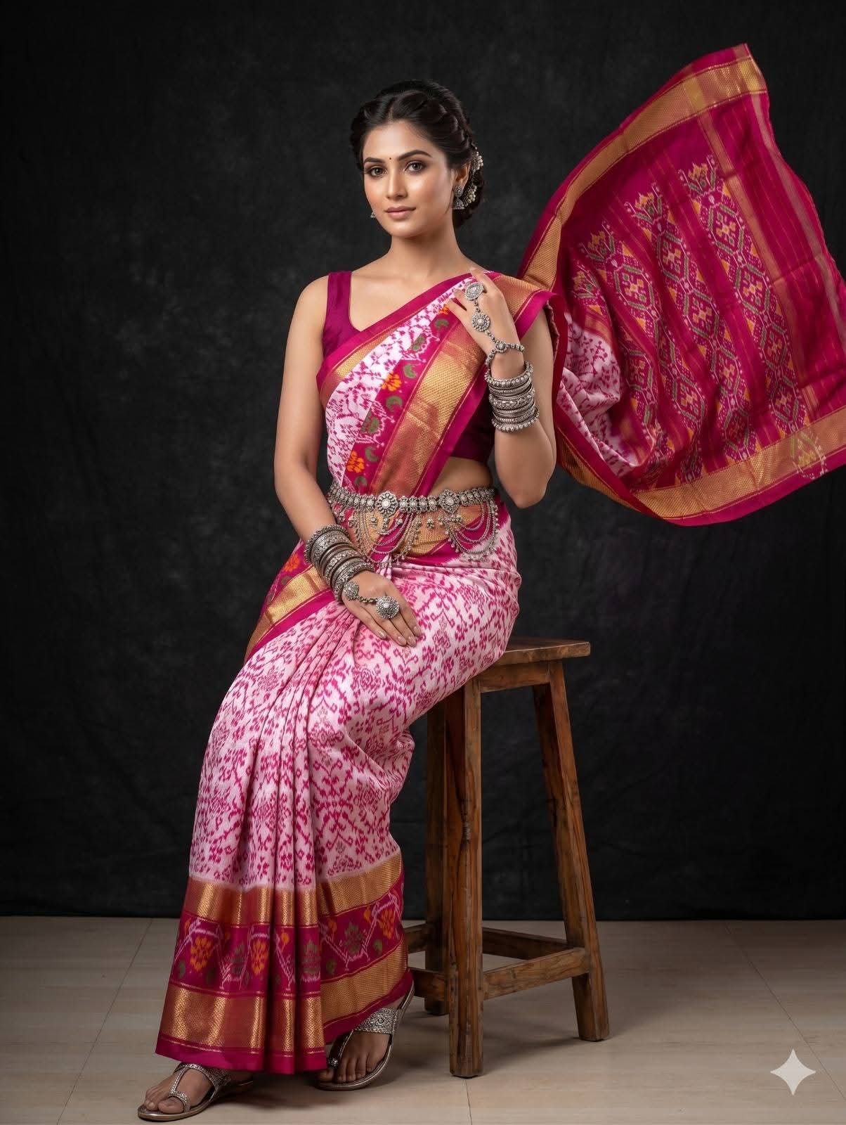 White and Pink Ikat Silk Saree
