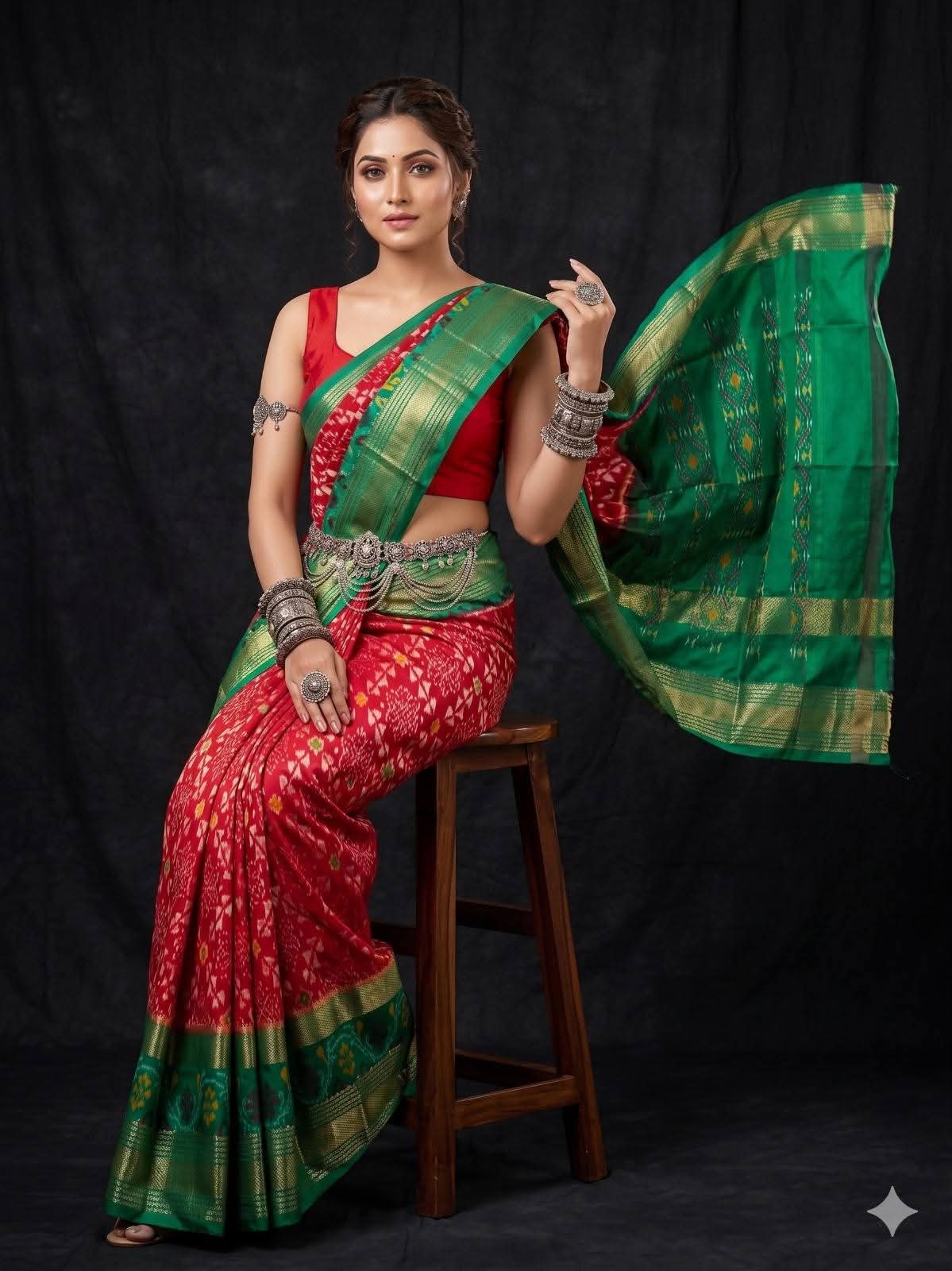 Red and Green Ikat Silk Saree