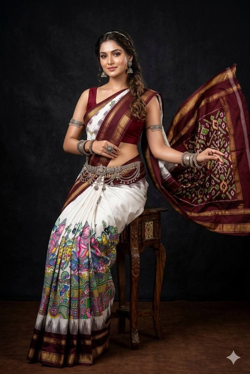 Off-White and Maroon Patola Silk Saree
