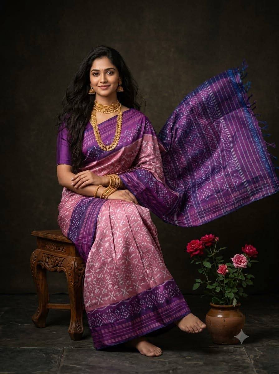 Pink and Purple Ikat Silk Saree
