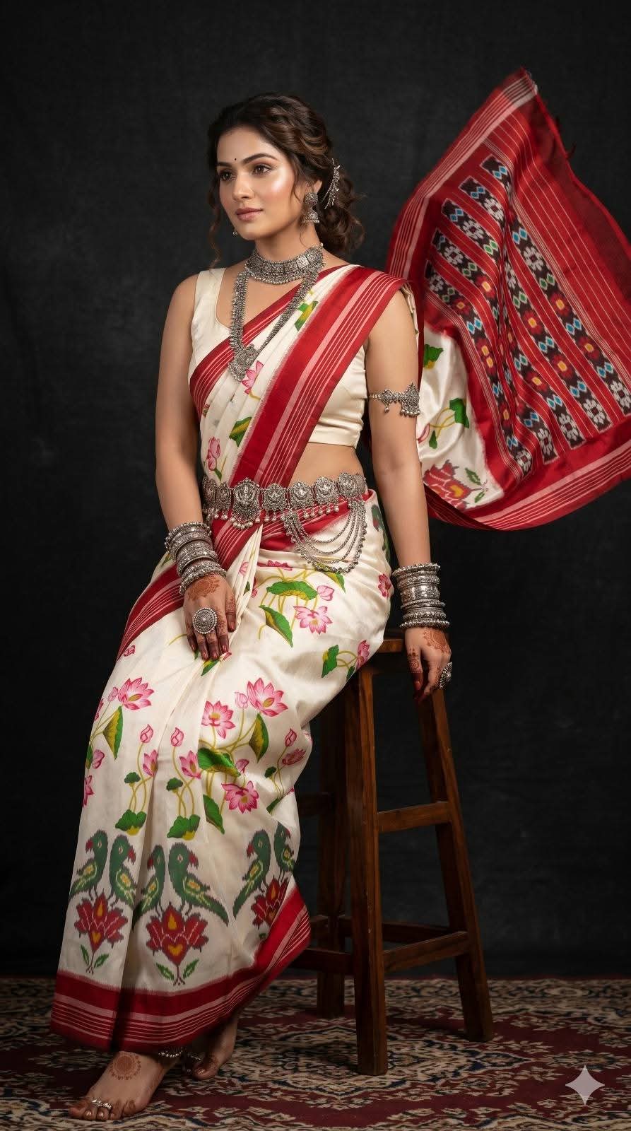 Off-White and Red Ikat Silk Saree