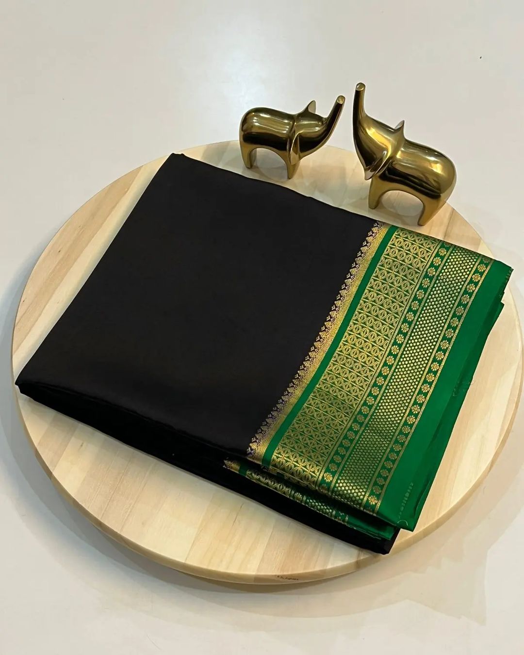 Festive Mysore-Based Black Silk Blend Saree with Contrast Green Zari Border