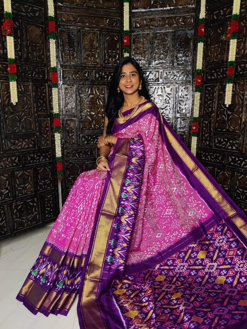 Ikat Handloom Silk Saree with Geometric Grid Pattern