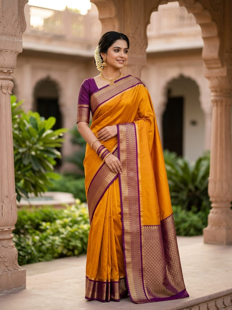 Traditional Mysore-Based Mustard Yellow Silk Saree with Contrast Purple Zari Border
