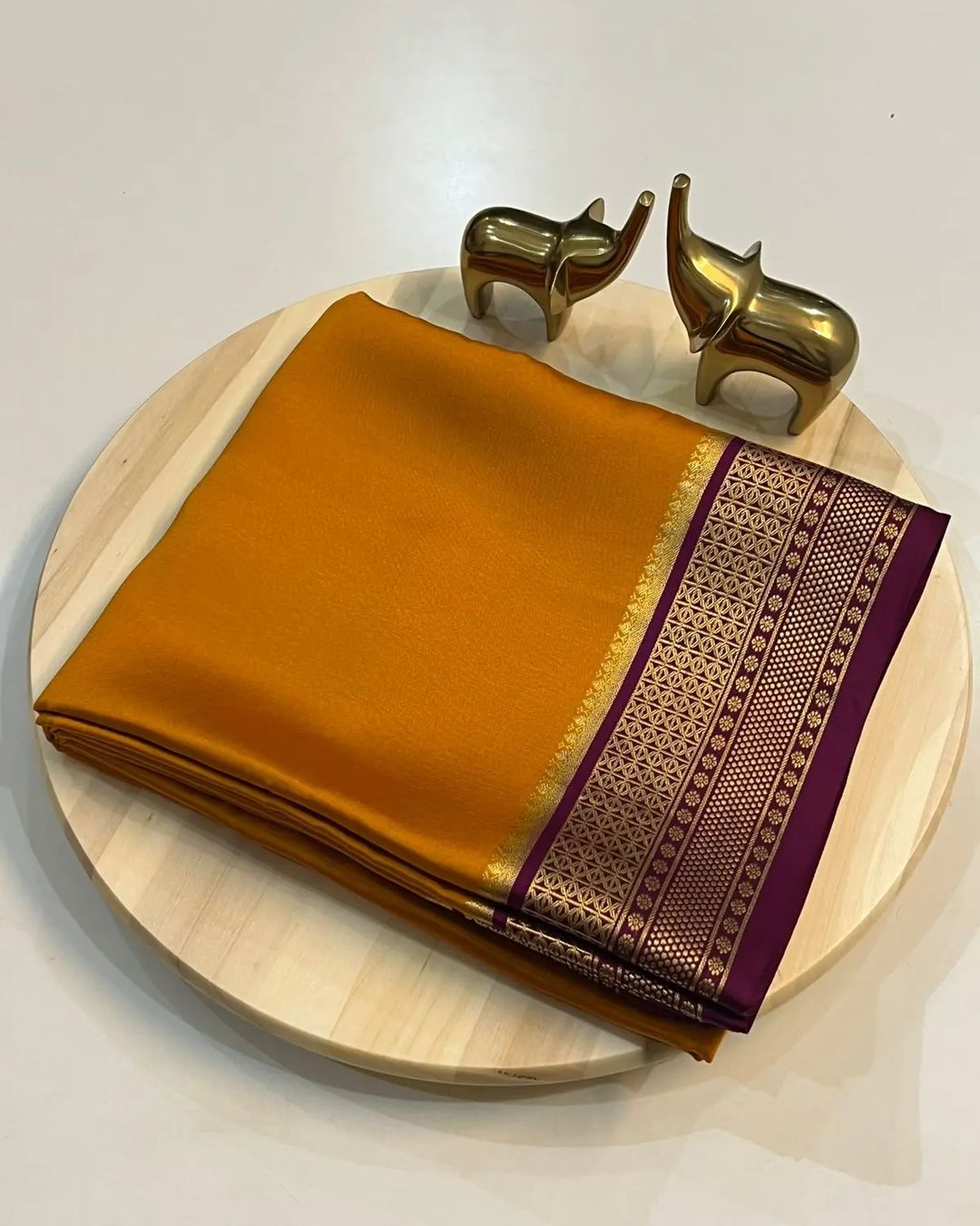 Traditional Mysore-Based Mustard Yellow Silk Saree with Contrast Purple Zari Border