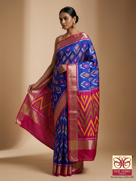 Royal Blue & Pink Pochampally Ikkat Silk Saree with Zari
