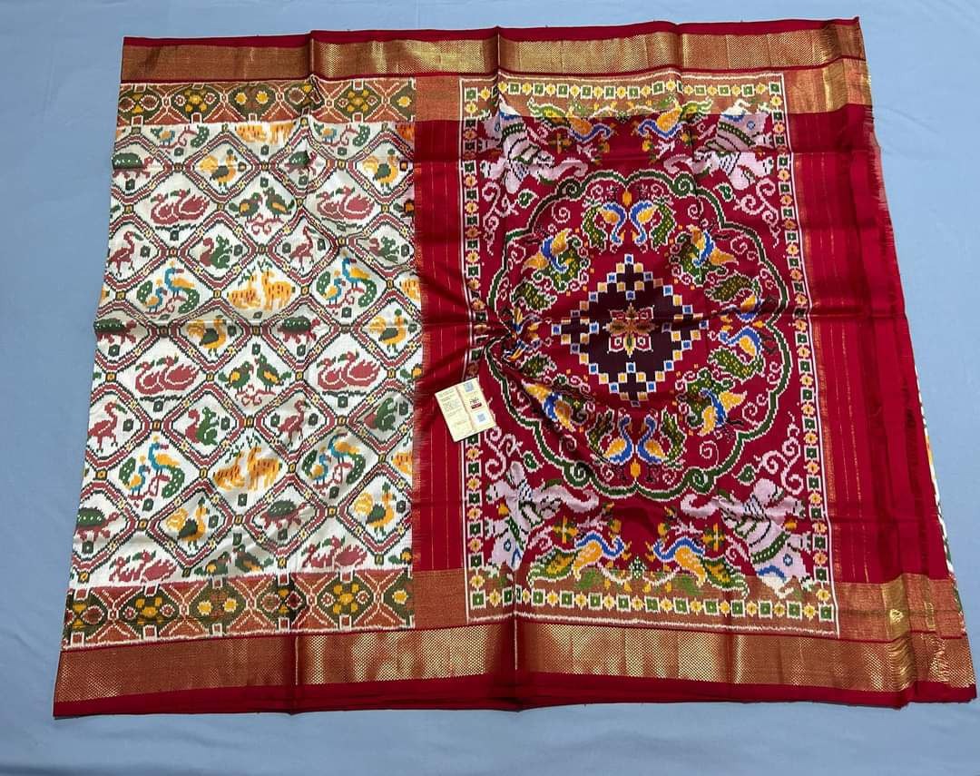 Cream and Red Patola Silk Wedding Saree