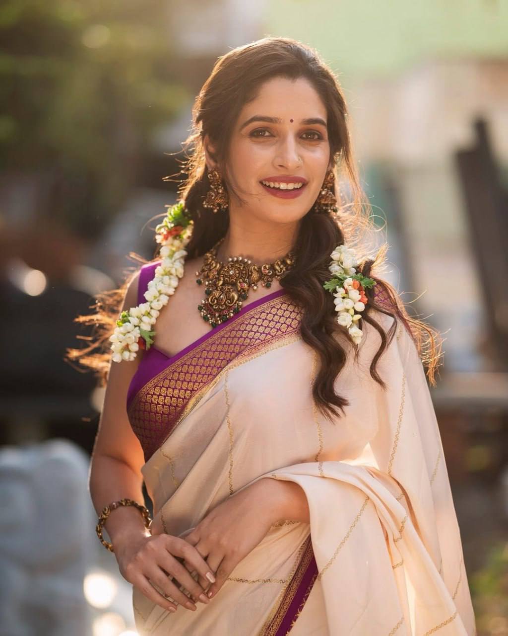 Cream Saree with Purple Gold Woven Border