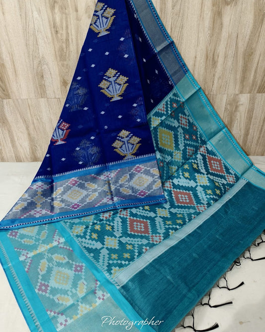 Royal Blue and Turquoise Handloom Cotton Silk Saree
