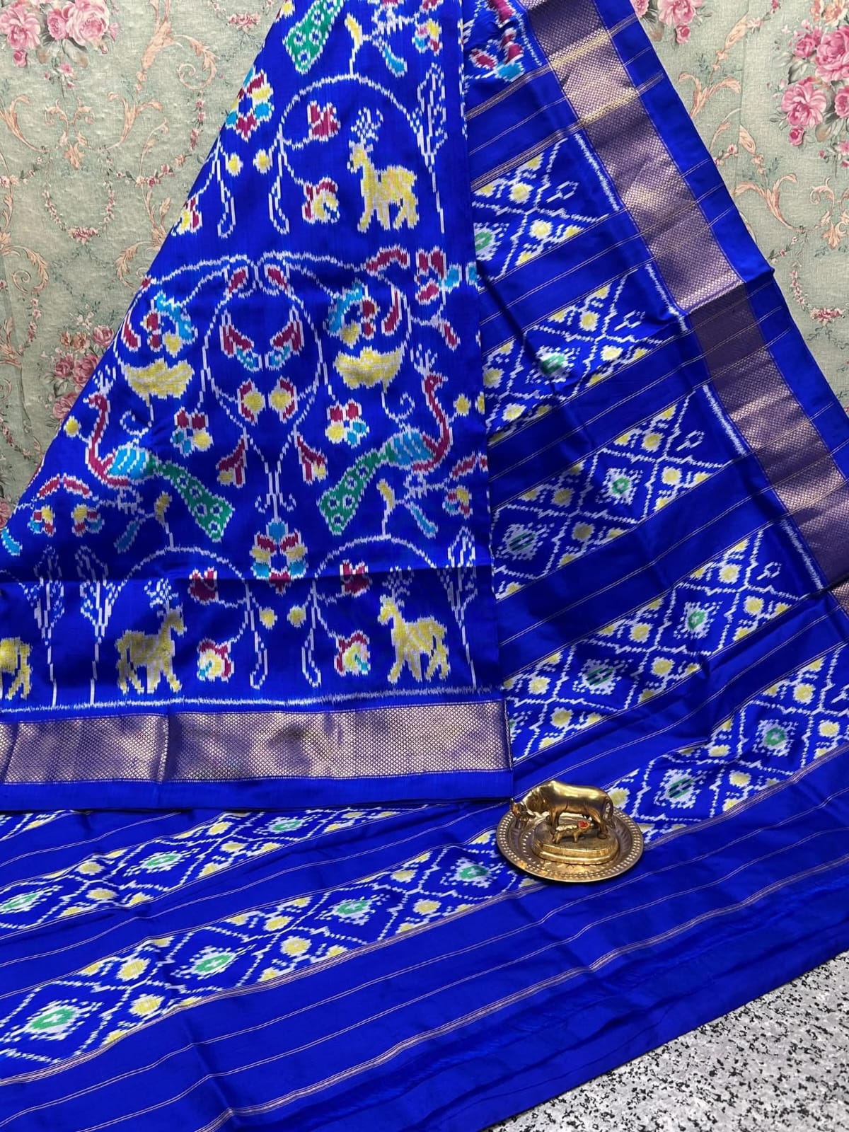 Royal Blue Ikat Silk Saree with Handloom Motifs