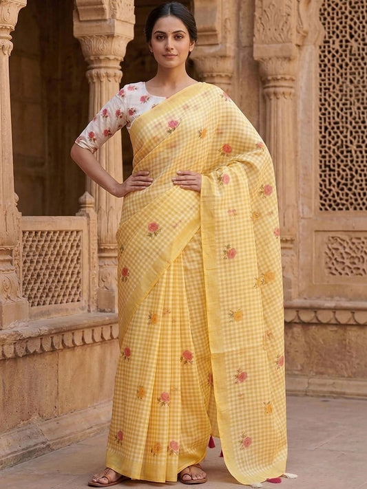Yellow Checkered Saree with Floral Embroidery and Blouse