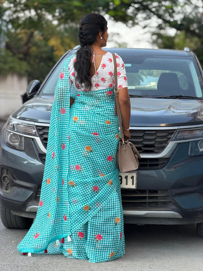 Blue Checkered Saree with Floral Embroidery and Blouse