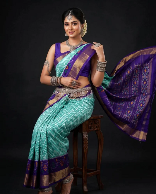 Teal Geometric Ikat Dola Silk Printed Saree | With Blouse Piece