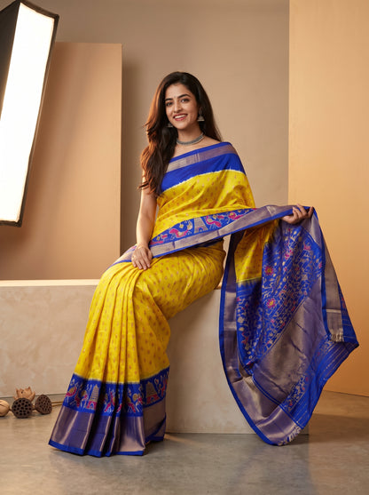 Yellow and Royal Blue Woven Silk Saree