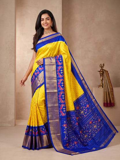 Yellow and Royal Blue Woven Silk Saree