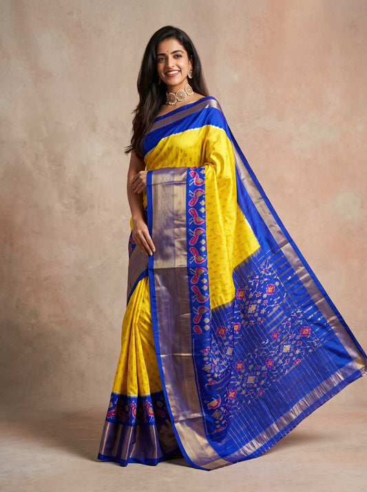 Yellow and Royal Blue Woven Silk Saree