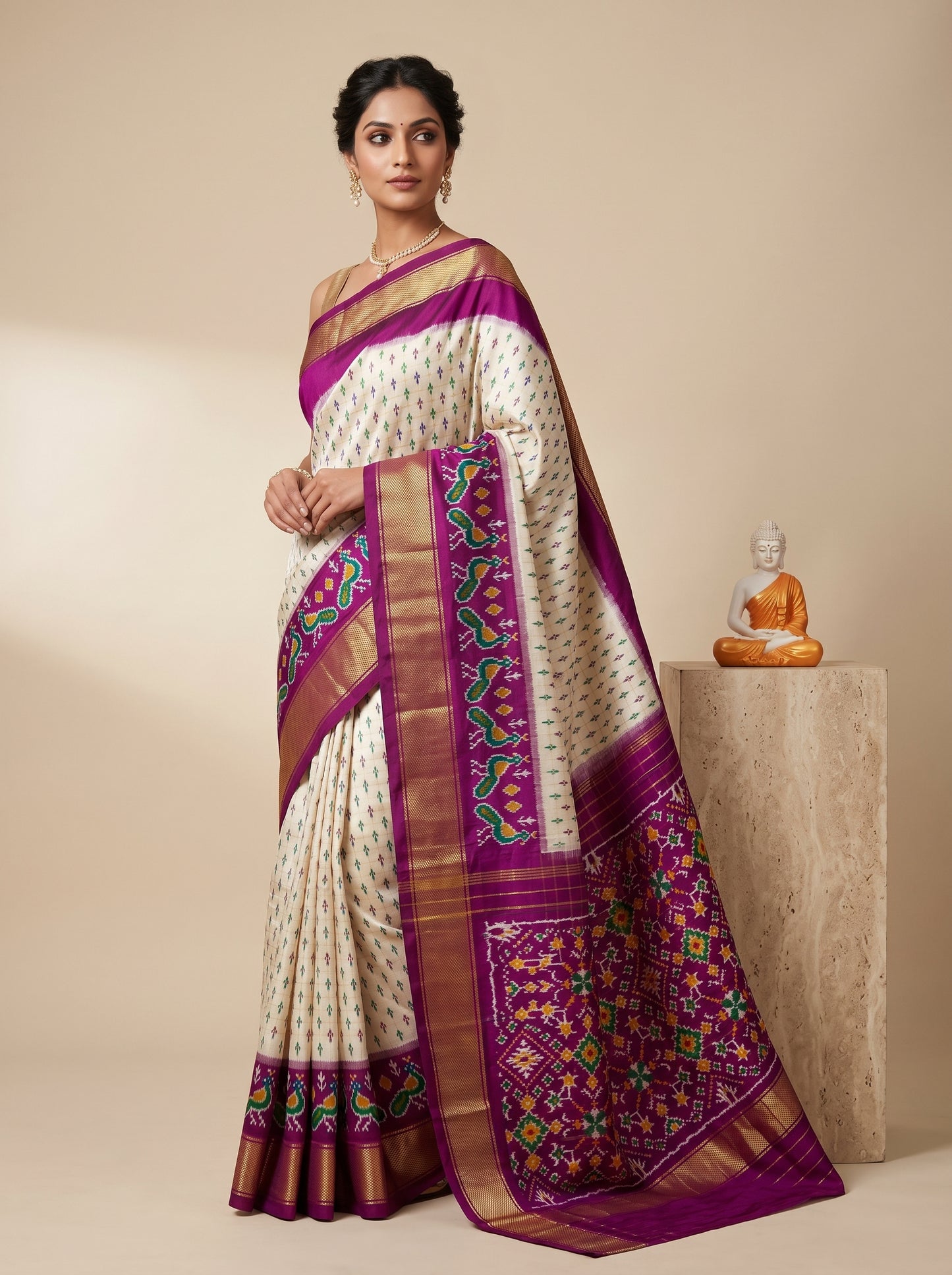 Cream and Purple Patola Silk Saree