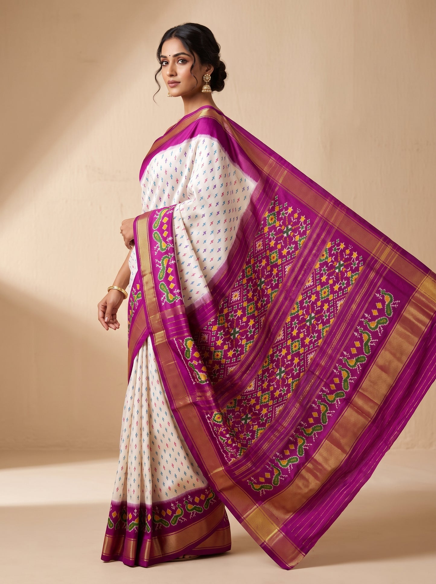 Cream and Purple Patola Silk Saree