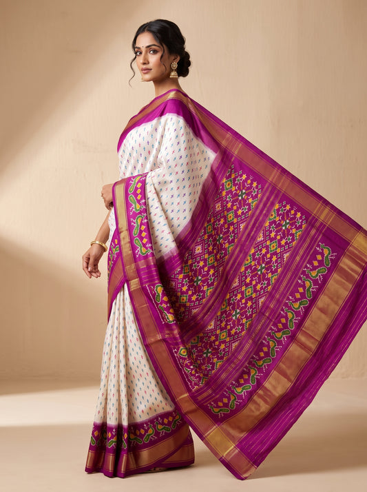 Cream and Purple Patola Silk Saree