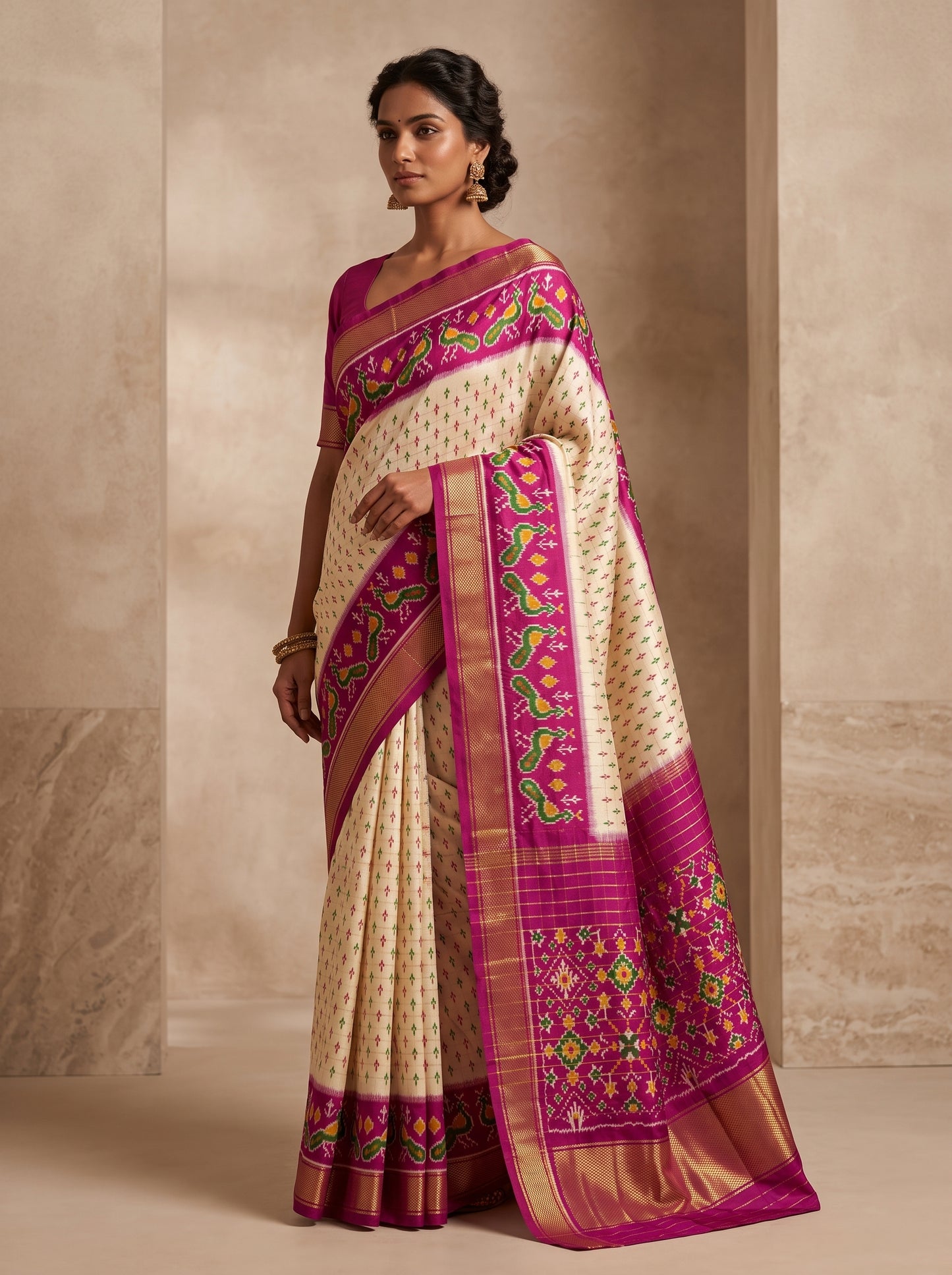 Cream and Purple Patola Silk Saree